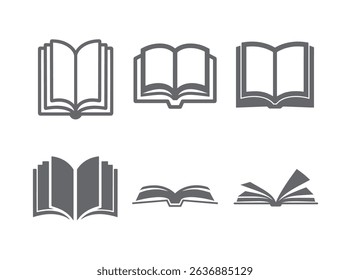 Opened book logo set. Monochrome books with fluttering pages isolated vector illustration isolated on white background.
