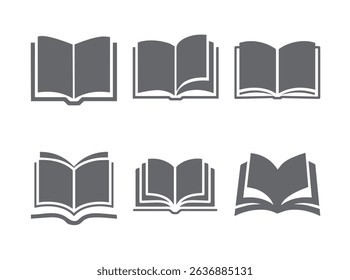 Opened book logo set. Monochrome books with fluttering pages isolated vector illustration isolated on white background.