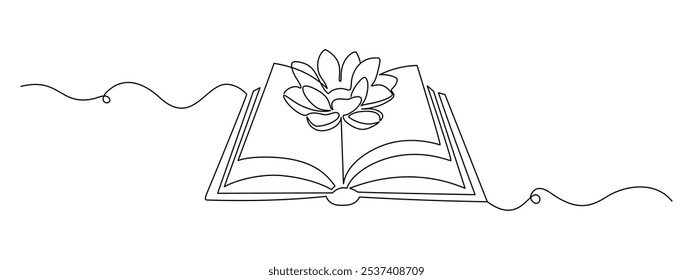 Opened book and Lotus flower in one continuous line drawing. Yoga studio logo and wellness spa banner in simple linear style. Water lily editable stroke. Doodle vector illustration.