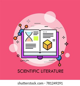 Opened Book And Molecular Structures. Concept Of Scientific Literature, Studies And Data, Scholarly Publication, Academic Publishing. Creative Vector Illustration For Banner, Poster, Website.