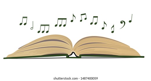 Opened book with music notes above on white background. Horizontal. Vector format.