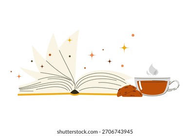 Libro abierto cerca de la taza de té y galletas. Ilustración vectorial