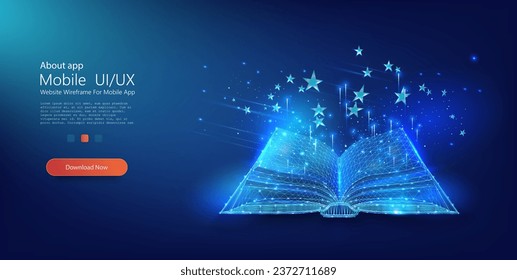 Opened book, online education, book festival, library concept. Literature symbol. Open textbook, neon frame in the style low poly on an isolated blue background. Abstract wireframe vector 