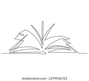 Opened book with pages isolated on white. Continuous line drawing. Vector illustration	