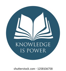 opened book pages in logo format - for bookstores, advertising, libraries or brochure cover - knowledge is power subtitles