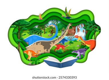 Opened book with paper cut prehistoric era landscape and dinosaur characters in jungle Jurassic era scene with waterfall, lush greenery and trees. Ancient world of dino reptiles, educational storybook