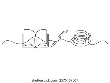 Opened book, pen and coffee mug continuous one line drawing. Education concept and back to school theme in simple linear style. Vector illustration