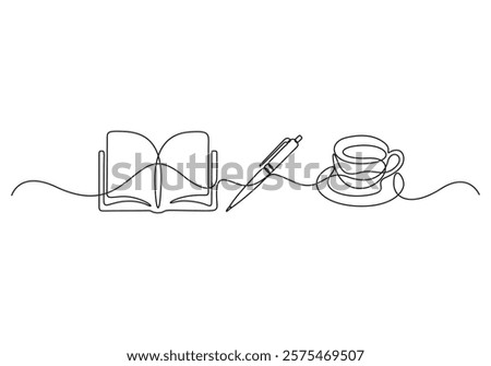 Opened book, pen and coffee mug continuous one line drawing. Education concept and back to school theme in simple linear style. Vector illustration