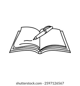 Opened book with pen. Education in school and library studying in simple linear style Hand drawn line art flat vector illustration