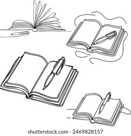 Libro abierto y pluma en un dibujo de línea continua. Estudio de Educación y concepto de Biblioteca del conocimiento en estilo lineal simple. Trazo editable. Ilustración vectorial de Doodle