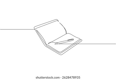 Opened book and pen in one continuous line drawing, Single continuous line drawing of notebook or notepad with a pencil above work desk. Writing business draft on office notes concept.