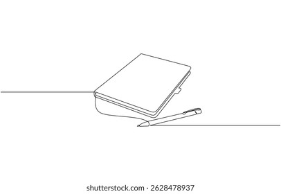 Opened book and pen in one continuous line drawing, Single continuous line drawing of notebook or notepad with a pencil above work desk. Writing business draft on office notes concept.
