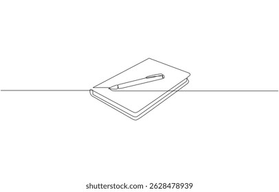 Opened book and pen in one continuous line drawing, Single continuous line drawing of notebook or notepad with a pencil above work desk. Writing business draft on office notes concept.