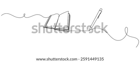 Opened book and pen in one continuous line drawing. Education study and knowledge library concept in simple linear style. Doodle vector illustration eps 10	