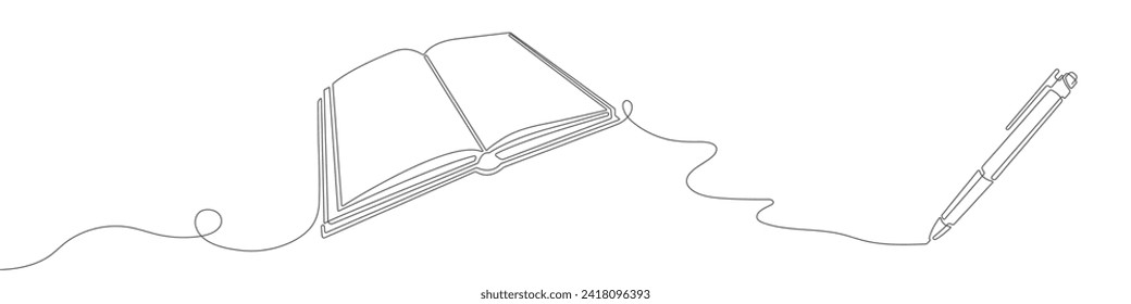 Libro abierto con bolígrafo. Educación escolar. Concepto de negocio. Dibujo de línea. Ilustración del vector.