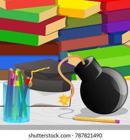 Opened book, pencil, graduation cap and bomb on a school desk. Education concept. Vector cartoon style illustration.