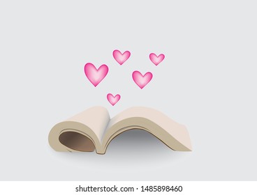 opened book with pink hearts isolated