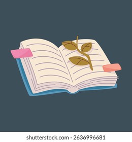 opened book with plant as bookmark in isolated background