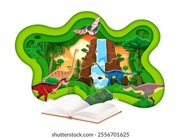 Opened book with prehistoric dinosaurs vector paper cut banner with jurassic forest and waterfall nature landscape background. Cartoon prehistoric dino animal characters in 3d paper cut wavy frame