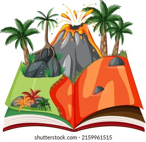 Opened book with prehistoric forest illustration