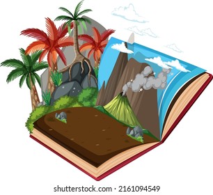 Libro abierto con ilustración forestal prehistórica