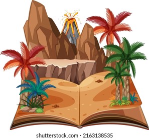 Opened book with prehistoric forest illustration