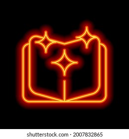Opened book, read literature, library logo. Orange neon style on black background. Light linear icon with editable stroke