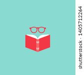 Opened book with red book cover and round red glasses on blue background. Flat reading icon 