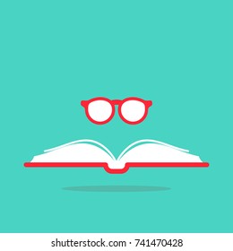 Opened book with red book cover and round red glasses on blue background. Flat reading icon isolated on white. Vector science  illustration. Education logo. Library pictogram.