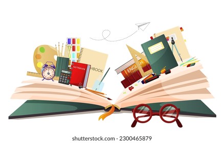 Opened book with school items, textbook and notebook inside pages. Poster for bookstore, education, library or other reading or literature event. Read more knowledge books. Flat Vector illustration