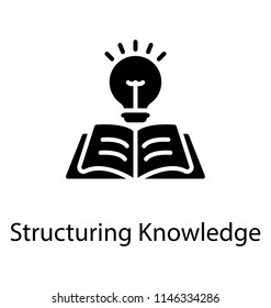 An opened book with sparkling light bulb, Structuring Knowledge glyph icon 