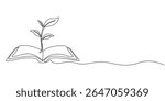 Opened book with sprout plant continuous one line drawing, Opened book with sprout plant in one continuous line drawing . Education study and knowledge concept in simple linear style. Growing wisdom