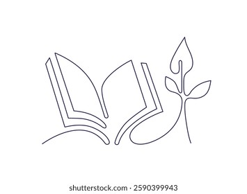 Opened book with sprout plant. Continuous one line vector logo. Education study and knowledge library concept in simple minimal style. Growing wisdom in editable stroke. Vector illustration