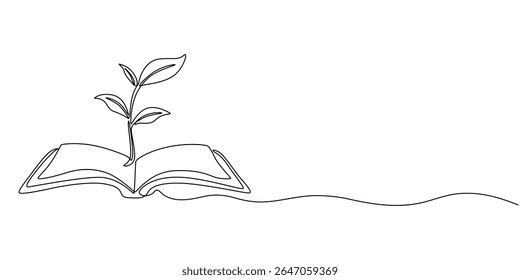 Livro aberto com planta de broto desenho contínuo de uma linha, Livro aberto com planta de broto em um desenho de linha contínua. Educação estudo e conceito de conhecimento em estilo linear simples. Crescente sabedoria