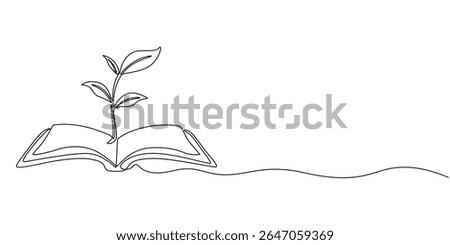 Opened book with sprout plant continuous one line drawing, Opened book with sprout plant in one continuous line drawing . Education study and knowledge concept in simple linear style. Growing wisdom