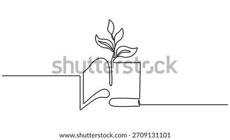Opened book with sprout plant continuous one line drawing, Education study and knowledge concept in simple linear style. Doodle contour vector illustration. Growing wisdom. Editable outline