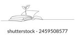 Opened book with sprout plant in one continuous line drawing . Education study and knowledge concept in simple linear style. Growing wisdom in editable stroke. Doodle contour vector illustration