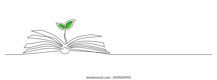 Opened book with sprout plant in one continuous line drawing . Education study and knowledge library concept in simple linear style. Growing wisdom in editable stroke. Outline vector illustration