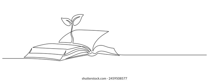 Opened book with sprout plant in one continuous line drawing . Education study and knowledge concept in simple linear style. Growing wisdom in editable stroke. Doodle contour vector illustration