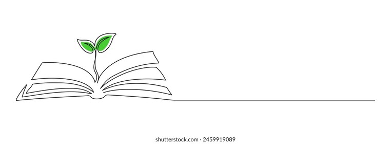 Opened book with sprout plant in one continuous line drawing . Education study and knowledge library concept in simple linear style. Growing wisdom in editable stroke. Doodle vector illustration