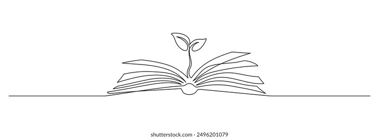 Opened book with sprout plant in one continuous line drawing . Education study and knowledge concept in simple linear style. Growing wisdom in editable stroke. Doodle contour vector illustration