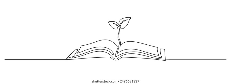 Opened book with sprout plant in one continuous line drawing . Education study and knowledge concept in simple linear style. Growing wisdom in editable stroke. Doodle contour vector illustration