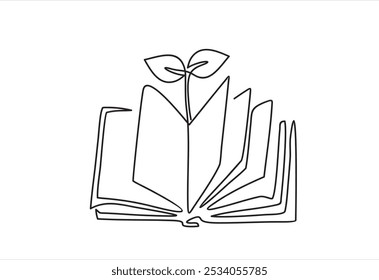 Livro aberto com planta de broto em um desenho de linha contínua . Educação estudo e conceito de conhecimento em estilo linear simples. Crescente sabedoria. Ilustração do vetor do contorno do doodle