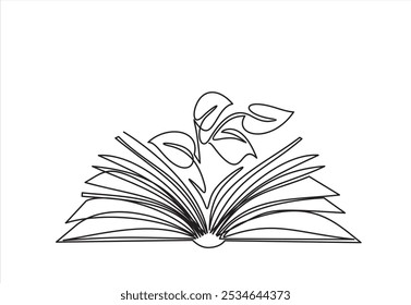 Livro aberto com planta de broto em um desenho de linha contínua . Educação estudo e conceito de conhecimento em estilo linear simples. Crescente sabedoria. Ilustração do vetor do contorno do doodle