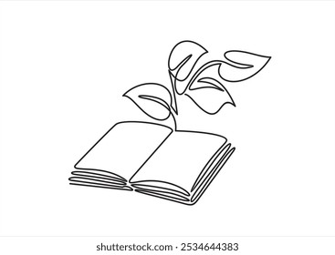 Livro aberto com planta de broto em um desenho de linha contínua . Educação estudo e conceito de conhecimento em estilo linear simples. Crescente sabedoria. Ilustração do vetor do contorno do doodle