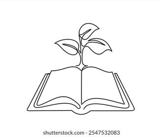 Livro aberto com planta de broto em um desenho de linha contínua . Educação estudo e conceito de conhecimento em estilo linear simples. Crescente sabedoria. Ilustração do vetor do contorno do doodle	