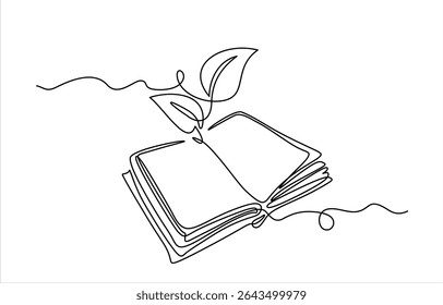 Opened book with sprout plant in one continuous line drawing . Education study and knowledge concept in simple linear style. Growing wisdom. Hand drawn one line vector. Editable stroke	