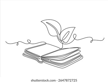 Livro aberto com planta de broto em um desenho de linha contínua . Educação estudo e conceito de conhecimento em estilo linear simples. Crescente sabedoria. Vetor de uma linha desenhado à mão. Traçado editável	