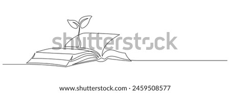 Opened book with sprout plant in one continuous line drawing . Education study and knowledge concept in simple linear style. Growing wisdom in editable stroke. Doodle contour vector illustration