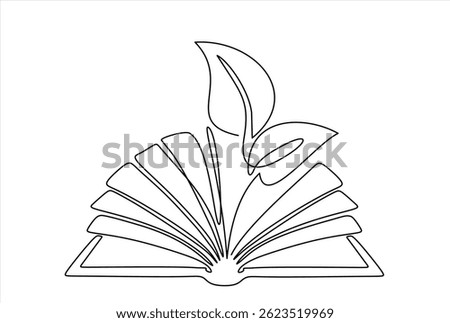 Opened book with sprout plant in one continuous line drawing . Education study and knowledge concept in simple linear style. Growing wisdom in editable stroke. Doodle contour vector illustration